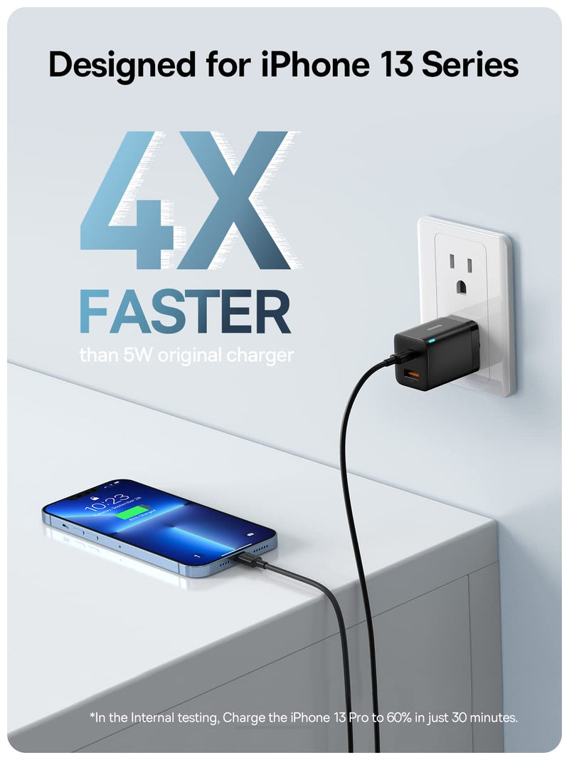 [Australia - AusPower] - USB C Charger, Baseus 30W 2 Port SuperSi Charger, Fast Compact Charger with Foldable Plug for iPad Pro/Air/Mini, iPhone 13/13 Mini/13 Pro/13 Pro Max/12/SE/11/XR/XS, Samsung, Pixel 6, Black 