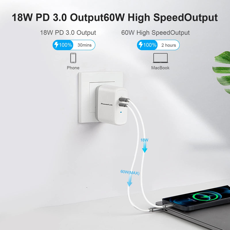 [Australia - AusPower] - USB C Wall Charger PowerLot 68W 2-Port GaN PD 3.0 USB C Charger, 60W USB C Power Adapter for MacBook Pro, 18w Fast Charger for iPhone 13/13 Pro, iPhone 12/12 Pro/12 Pro Max, iPad, Switch etc 