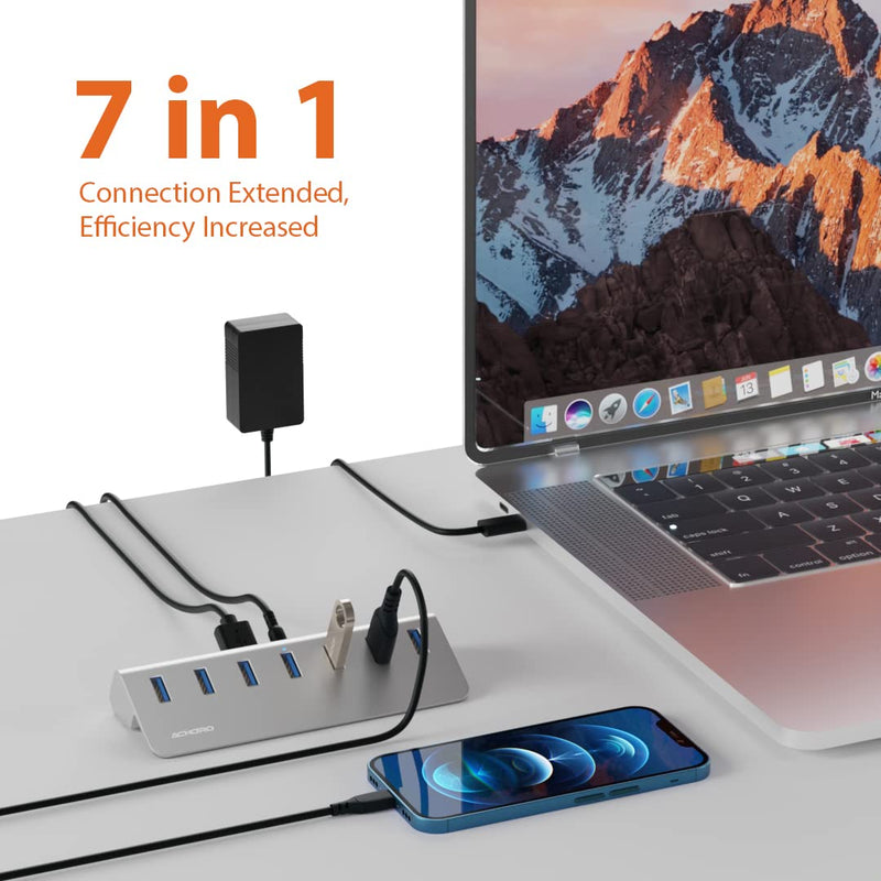 [Australia - AusPower] - Achoro 7 Ports Powered USB HUB – 2nd Generation 10GB Super Speed External USB Port – USB 3.2 Aluminium USB Hub for Computer, Mac, PCs, Smartphone & Tablets – Computer Multiple USB Hub (Powered Black) POWERED BLACK 