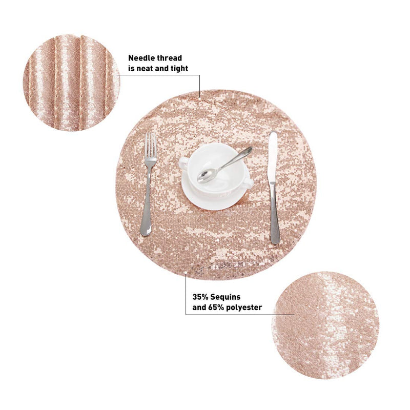 [Australia - AusPower] - Sequin Placemats Set of 6, Heat-Resistant Dining Table Mats, Stain-Resistant Kitchen Table Placemats, Elegant Sparkle Placemat for Party Wedding Accent Centerpiece Decoration(Rose Gold, 15" Round) 15"R-6pcs Rose Gold 