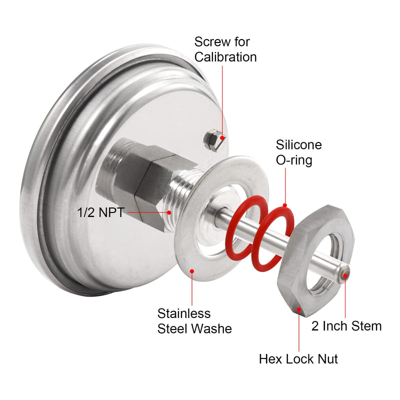[Australia - AusPower] - Dial Thermometer, Stainless Steel Thermometer for Home Brewing, 1/2 NPT Kettle Thermometer with Lock Nut & O-Ring(3" Face) 