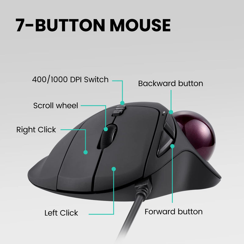 [Australia - AusPower] - Perixx Perimice-517 Wired Trackball USB Mouse, 7 Button Design, Build-in 1.34 Inch Trackball with Pointing Feature 