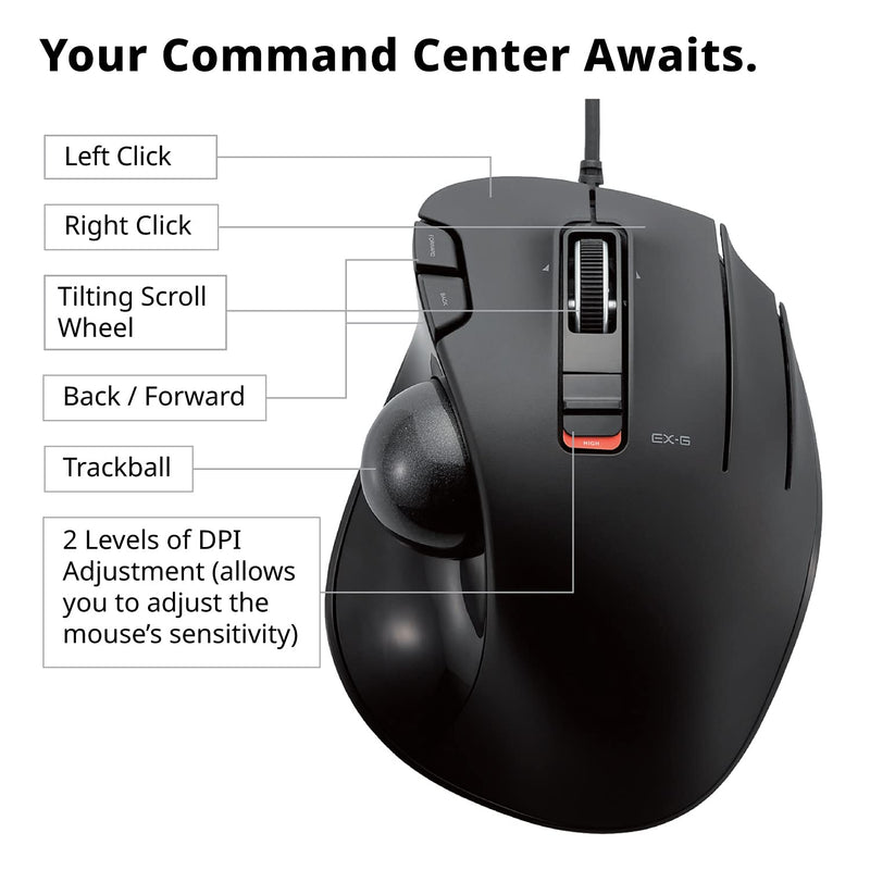 [Australia - AusPower] - ELECOM EX-G Trackball Mouse, Wired, Thumb Control, Sculpted Ergonomic Design, 6-Button Function with Smooth Tracking, Ergonomic Design, Optical Gaming Sensor, Windows11, macOS (M-XT3URBK) Black Ball 