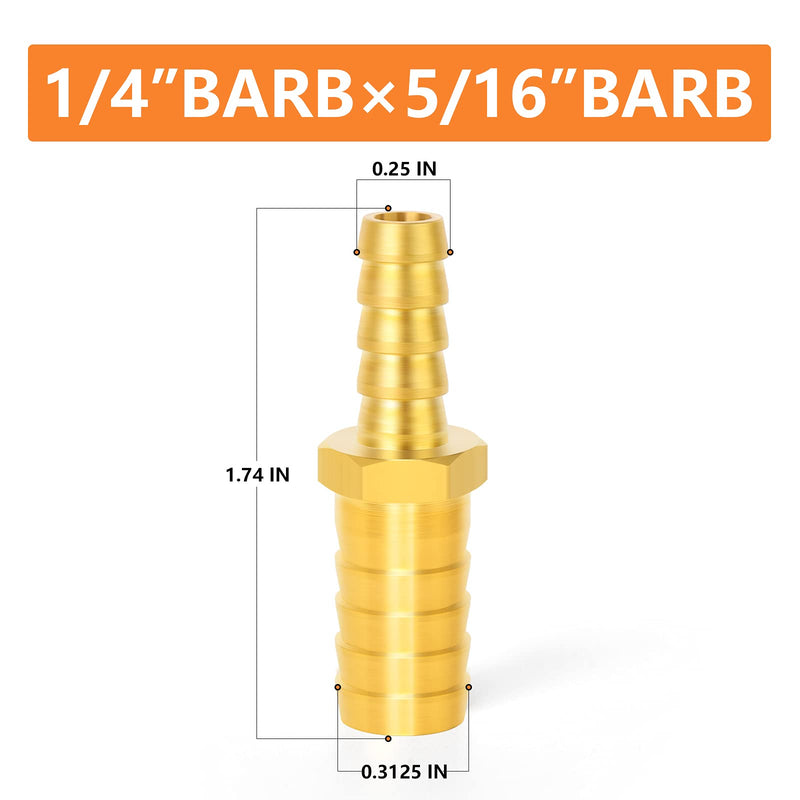 [Australia - AusPower] - GASHER 10 Pieces Brass Hose Barb Reducer, 5/16 Inch to 1/4 Inch Barb Hose ID with 20 Hose Clam, Brass Barb Reducer SPLICER Fitting Fuel/AIR/Water/Oil/Gas/WOG 5/16" x 1/4" Barb 