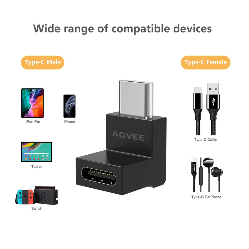 [Australia - AusPower] - AGVEE [ 4 Pack] 90 Degree Right Angled USB-C Male to USB-C Female Adapter (Type-C 3.2 Gen 2) Video 10G Data Converter, Black 