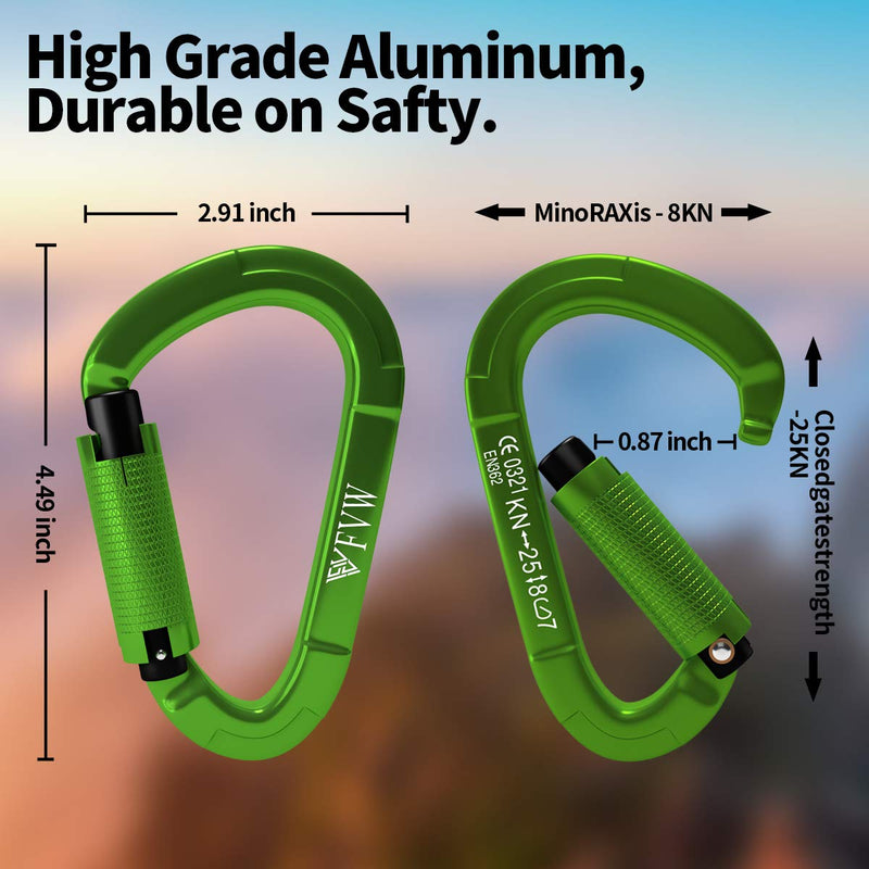 [Australia - AusPower] - FVW Auto Locking Rock Climbing Carabiner Clips,Professional 25KN (5620 lbs) Heavy Duty Caribeaners for Rappelling Swing Rescue & Gym etc, Large Carabiners, D-Shaped (Green),2Pak 