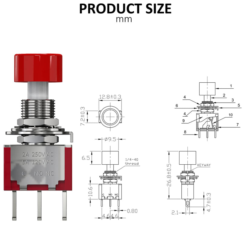 [Australia - AusPower] - DIYhz AC 2A/250V 5A/120V 3 Pin Momentary Push Button Switch NO NC with Red Cap 5Pcs 3P 