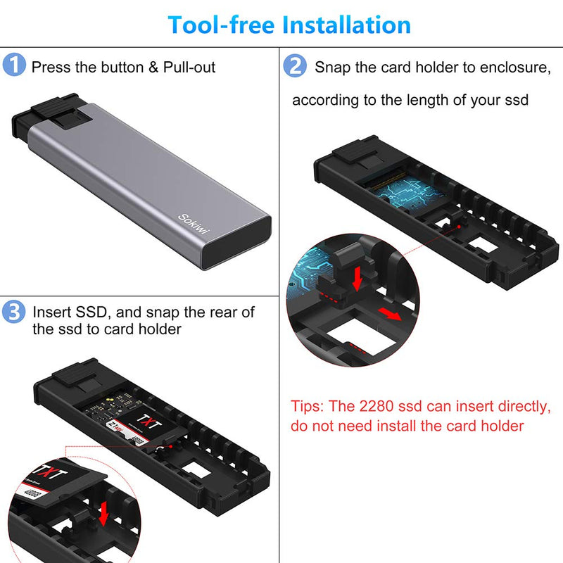 [Australia - AusPower] - M.2 NVME SATA SSD Enclosure Adapter Tool-Free, RTL9210B Chips, USB C 3.1 Gen 2 10Gbps NVME, 6Gbps SATA PCIe M-Key(B+M Key), Support UASP Trim for SSD Size 2242/2260/2280 