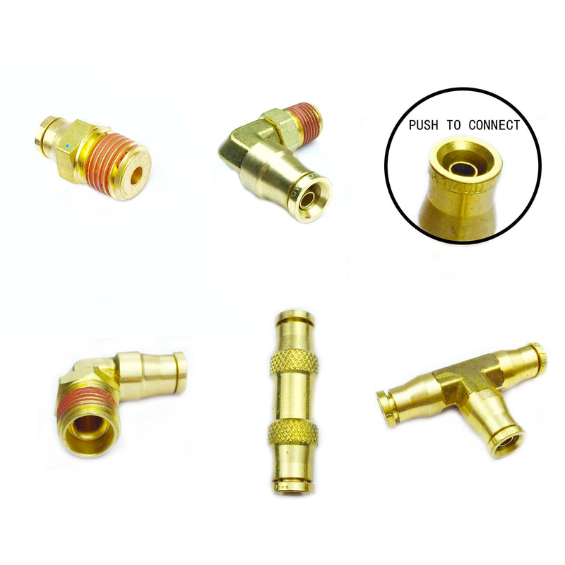 [Australia - AusPower] - TL TOOLEGIN DOT Brass Push to Connect Fittings 1/4" Air Brake Union Air Line Fittings Push in Fittings Brass Union Air Brake Repair Kit Contains Tube Push-in Tee Union Coupling Male NPT 90° Elbow 10pcs 