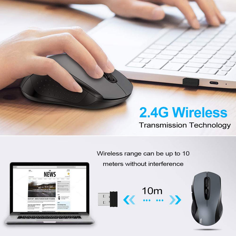 [Australia - AusPower] - Wireless Mouse TECKNET 2.4G Optical Mouse with USB Nano Receiver for Notebook, PC, Laptop, Computer, 18 Month Battery Life, 3 Adjustable DPI Levels: 2000/1500/1000 DPI (Grey) Grey 