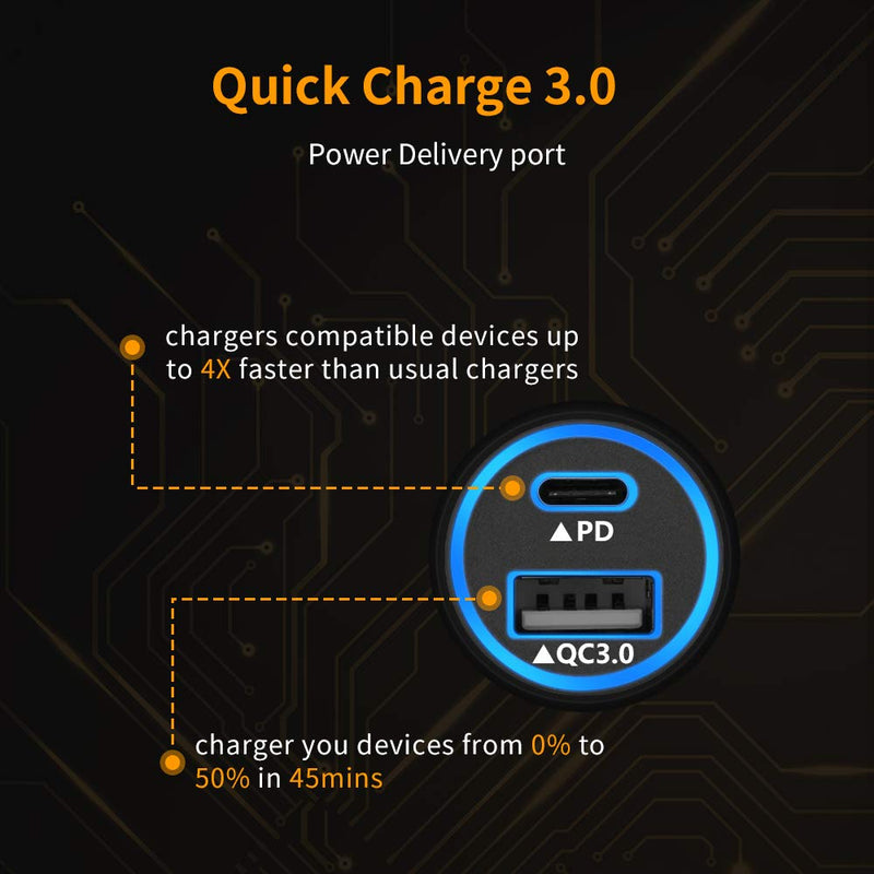 [Australia - AusPower] - Fast USB C Car Charger, Compatible with Samsung Galaxy Note 20/10/9,S22/S21/S20/S10/S9/S8, Google Pixel 5/ 4a/4/3XL/3/3a, Power Delivery & Quick Charge 3.0(Fast Charging Cord 3.3Ft 2 Pack Included) Black 