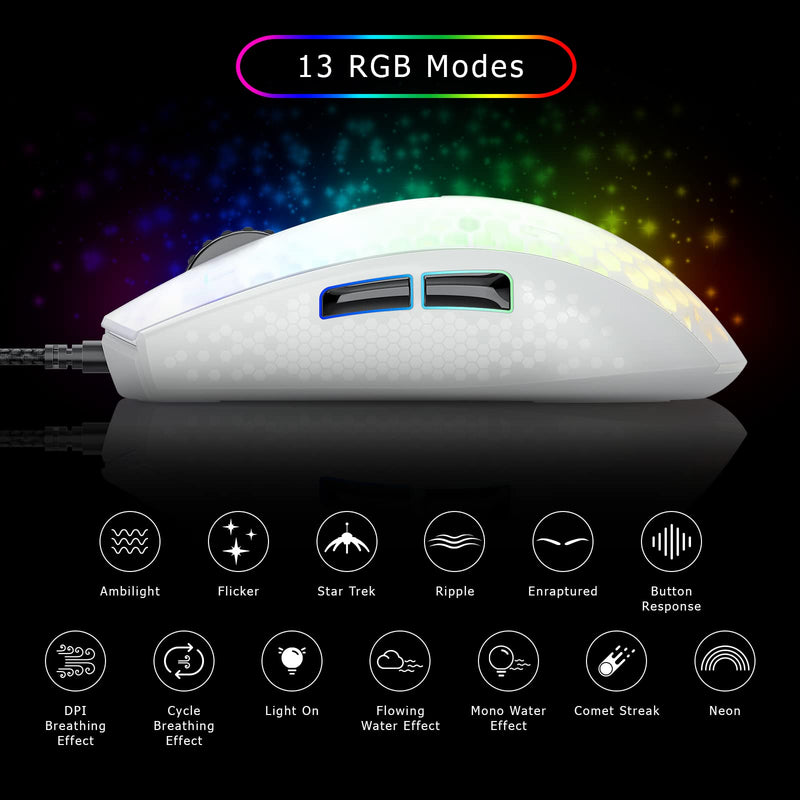 [Australia - AusPower] - RGB Gaming Mouse with 13-Mode Backlit, KKUOD DM-097 Wired Gaming Mouse with Adjustable 800-7200 6-Level DPI, Forward & Backward Button, Ergonomic Gaming Mouse for Computer Laptop PC/Mac-White 
