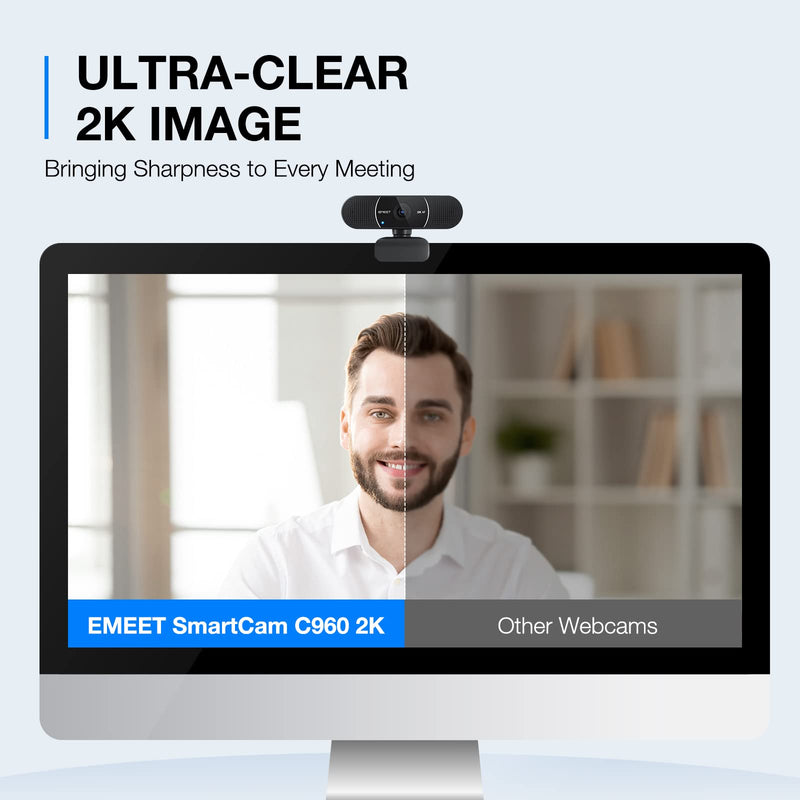 [Australia - AusPower] - EMEET C960 2K Webcam with Microphone, 2K QHD, 2 Noise-Reduction Mics, TOF Autofocus Streaming Webcam with Privacy Cover, Plug&Play USB Webcam for Calls/Conference, Zoom/Skype/YouTube, Laptop/Desktop Black 