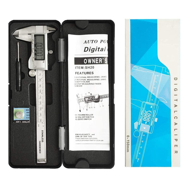 [Australia - AusPower] - Digital Caliper, Caliper Measuring Tool with Stainless Steel, Electronic Micrometer Caliper with Large LCD Screen, Auto-Off Feature, Inch and Millimeter Conversion (6 Inch/150 mm) silver Digital Caliper 