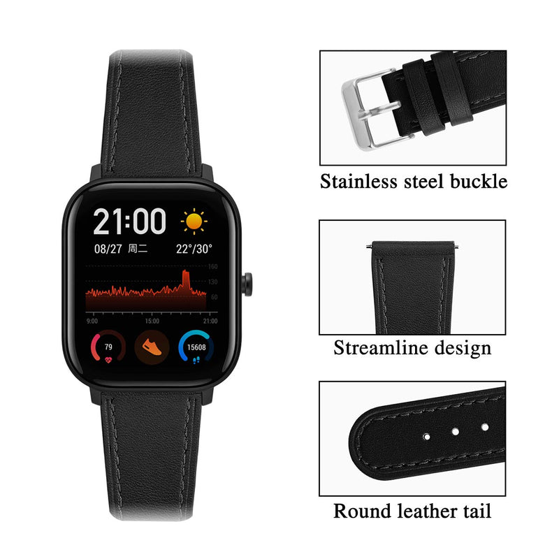 [Australia - AusPower] - Turnwin Leather WatchBand Compatible with Huami Amazfit GTS & Amazfit GTR 42mm Smart Watch Genuine Leather Replacement 20MM Sport Wrist Strap Bracelet with Stainless Metal Buckle Black 