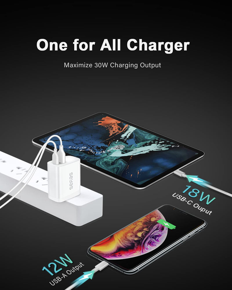 [Australia - AusPower] - USB C Charger, Seyas 30W Wall Charger 2 Port Power Delivery Fast Charger Power Adapter Foldable PD Charger for iPhone iPad Airpods Pixel Galaxy Switch and More, White 