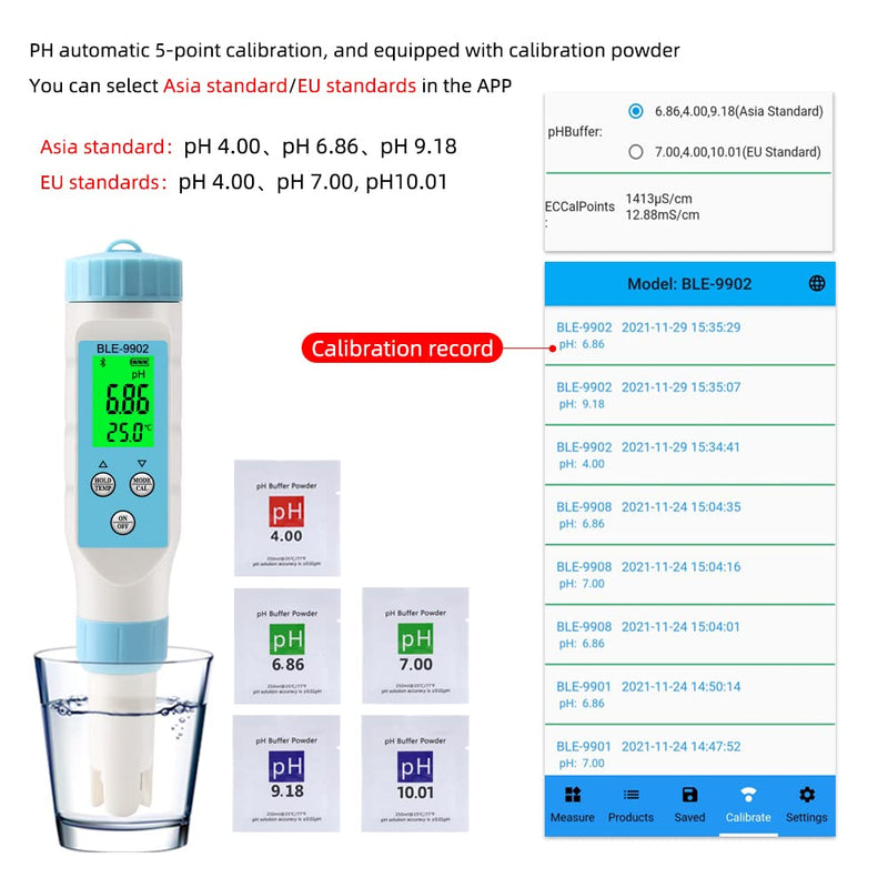 [Australia - AusPower] - RCYAGO Smart Bluetooth PH Meter PH Tester 0.01 PH High Accuracy Water Quality Tester with ATC: 3 in 1 PH EC Temp Meter pH/EC(Conductivity)/TEMP 
