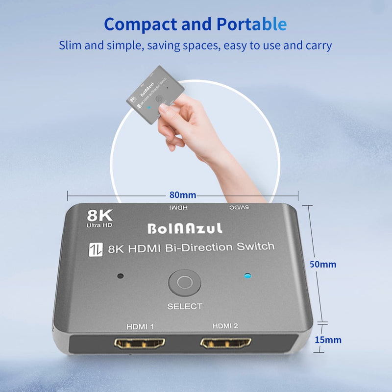 [Australia - AusPower] - HDMI 2.1 Switch 4K/120Hz HDR, BolAAzuL 8K/60Hz HDMI 2.1 Bi-Directional HDMI Switcher Splitter 2 in 1 Out/1 in 2 Out 48Gbps DPCP for Xbox Series X, PS5 pro, PS4 Blue-ray Player 8K HDMI 2.1 Switch-Silver 