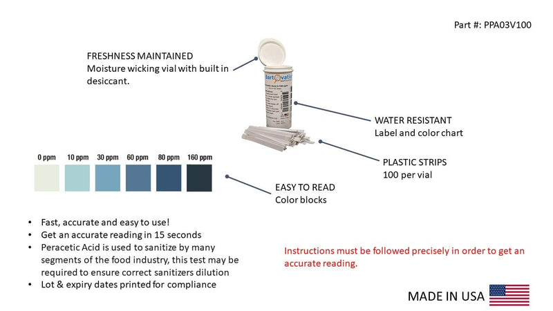 [Australia - AusPower] - Peracetic Acid Test Strips, 0-160 ppm [3 Vials of 100 Strips in Moisture-Wicking Bottles] 