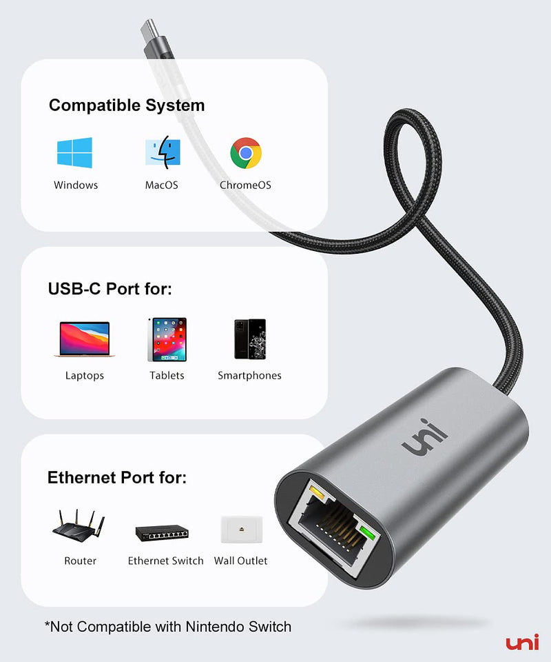 [Australia - AusPower] - uni USB-C to Ethernet Adapter 2.5 Gigabit, Blazing Fast Network Adapter 2.5G (Thunderbolt 4/3 Compatible), Sturdy Aluminum USB 4 to RJ45 Adapter, for MacBook Pro/Air, Laptops, PC, and More 