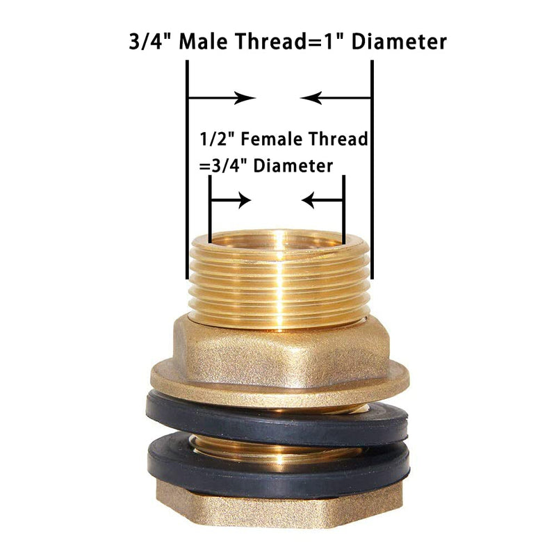 [Australia - AusPower] - Joywayus 2pcs 1/2" Female 3/4" Male Soild Brass Water Tank Connector Bulkhead Tank Fitting With 2 Rubber Ring Stablizing 1/2×3/4 