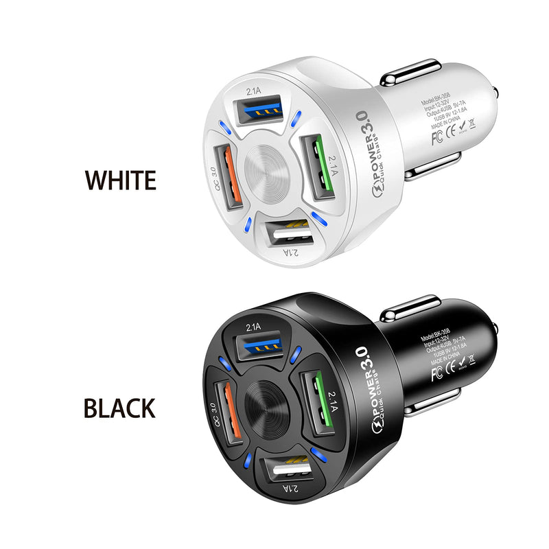 [Australia - AusPower] - Yuhoo USB Car Charger, Universal 4-Port Car Charger with Q-C 3.0 Fast Charge and LED Light, Durable Car Charger Supplies Compatible with Phone (White) free size White 