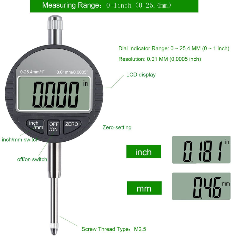 [Australia - AusPower] - Electronic Digital Dial Indicator Gauge Inch/Metric Conversion 0-1 Inch/25.4 mm Digital Probe Indicator Dial Test Gauge High Resolution: 0.0005''/0.01mm 