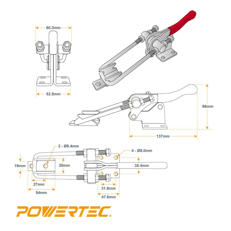 [Australia - AusPower] - POWERTEC 20324 Latch Action Toggle Clamp 40344 w Threaded U Bolt and Red Vinyl Handle Grip – 1980 lb Holding Capacity, 1PK 