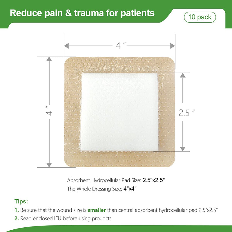 [Australia - AusPower] - Silicone Adhesive Foam Dressing with Gentle Border 4''x4'' 10 Pack, High Absorbency Foam Wound Bandage for Bed Sore, Leg Ulcer, Diabetic Ulcer 4'' x 4'' - 10 Pack 