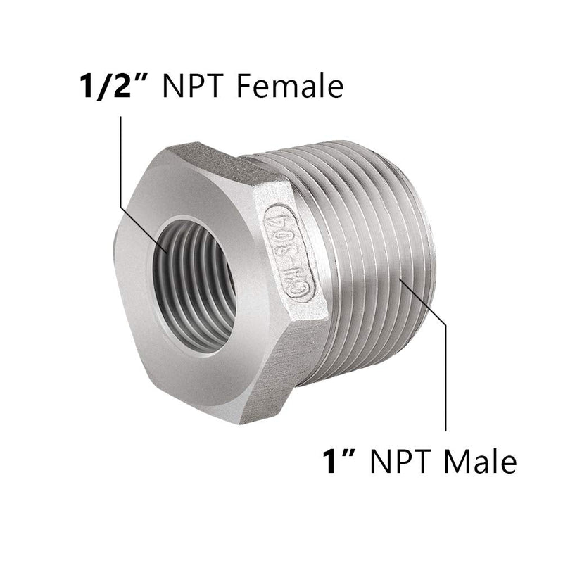 [Australia - AusPower] - Feelers 304 Stainless Steel Reducer Hex Bushing, 1" Male NPT x 1/2" Female NPT Reducing Cast Pipe Fitting 1"x1/2" 1Pcs 
