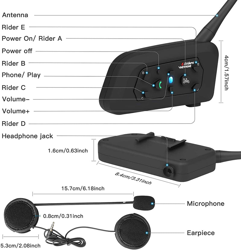[Australia - AusPower] - EJEAS V6 Motorcycle Helmet Bluetooth Intercom, 2-Way 1200m Waterproof Full-Duplex Helmet Bluetooth Headset with Hands-Free Call, HD Voice for Ski/ATV/Dirt Bike/Snowmobile Up to 6 Riders (One Pack) V6 1PC 