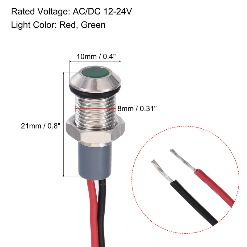 [Australia - AusPower] - MECCANIXITY Indicator LED Light AC/DC 12-24V 8mm Panel Mount Metal Shell Waterproof Signal Lamp 140mm Wire, Red Green 