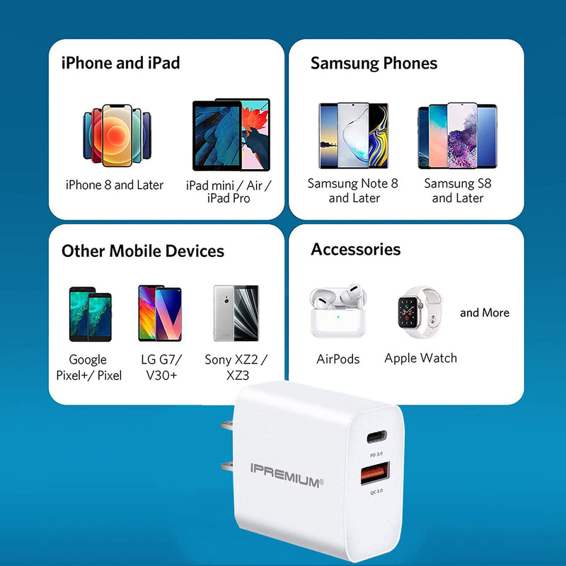 [Australia - AusPower] - USB C Charger, IPREMIUM 20W Dual Port Fast Charger PD/QC 3.0 Type C Wall Charging Block, USB-C Power Adapter Wall Plug for iPhone 13/13 Mini/13 Pro/13 Pro Max/12/11/XR, AirPods, Watch, Pixel, Galaxy White 1 Pack 