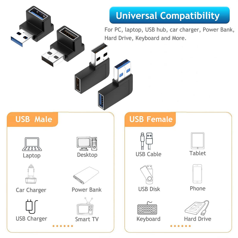 [Australia - AusPower] - Xsusmdom 90 Degree USB 3.0 Male to Female Adapter, (4 Pack) Up and Down & Left and Right Angle USB A Extender Connector for PC, Laptop, Hard Drive, Keyboard, USB A Charger, Power Bank 