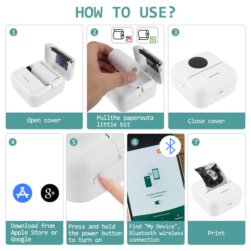 [Australia - AusPower] - Wjiang Pocket Printer Portable Printer Mini Bluetooth Thermal Printer USB Rechargeable Wireless Inkless Mobile Printer for Android & iOS Phone Photo Printer for Note, Memo, with 1 Roll Thermal Paper 