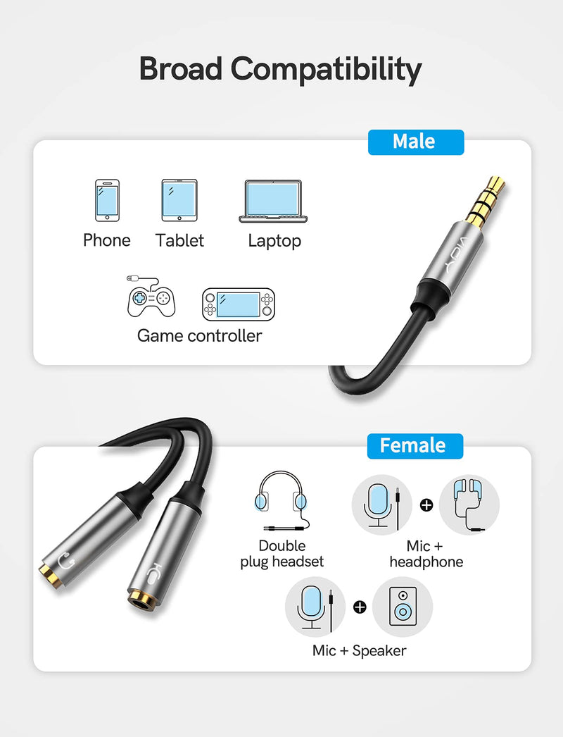 [Australia - AusPower] - VIOY Mic Headphone Splitter, 3.5mm Audio Headset Y Splitter Cable TRRS Male to 2 Female Separate Jack for PC Gaming Headset, PS4, Xbox One, Laptops, Tablet, Smartphone 