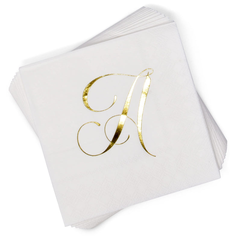 [Australia - AusPower] - 100 Gold Monogram Cocktail Napkins Letter A Disposable Paper Pack Elegant Metallic Golden Foil Hand Napkin for Powder Room Wedding Holiday Birthday Party Baby Shower Decorative Towels 