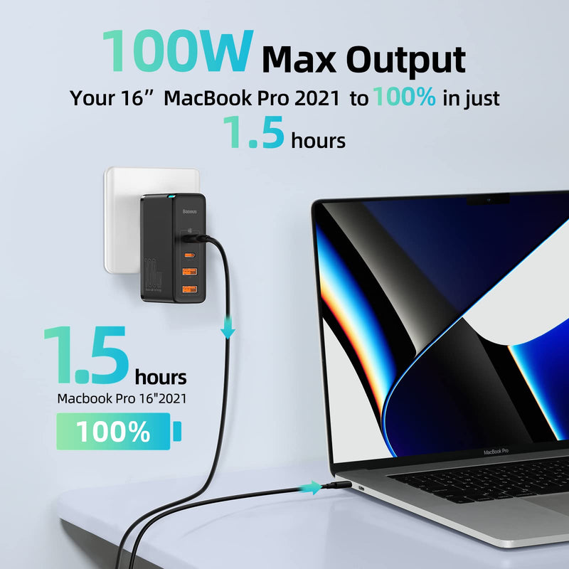 [Australia - AusPower] - USB C Charger 100W, Baseus 4-Port Type C Charging Station GaN Charger, Fast USB-C Wall Charger Block PD QC4.0 for iPhone 13/12 Pro, Samsung S21/S20, MacBook Pro/Air, iPad Pro/Dell XPS(Gan2 Pro Black) 