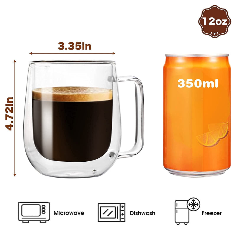 [Australia - AusPower] - 12 oz Double Walled Glass Coffee Mugs with Handle, Thermal Insulated and No Condensation Clear Coffee Mug, Glass Cups for Americano, Latte, Espresso, Cappuccinos Beverage and Tea 12 OZ 
