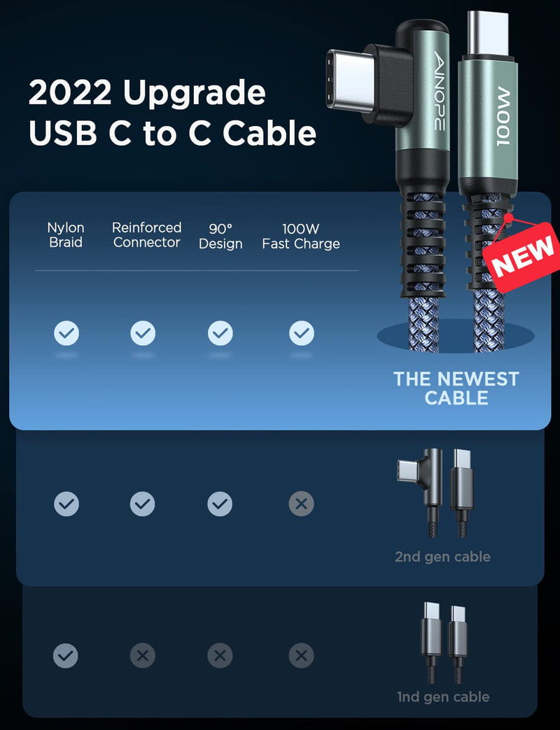 [Australia - AusPower] - USB C to USB C Cable 100W 2-Pack, AINOPE [2022 Upgrade 6.6ft] Type C to Type C Cable Right Angle 5A Super Fast Charging USB C Cable Compatible with MacBook Pro 2021, iPad Pro 2021, Galaxy S21 and More 
