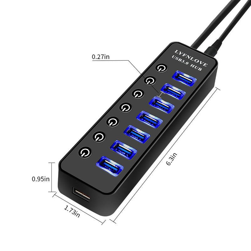 [Australia - AusPower] - USB Hub 3.0 Powered, LYFNLOVE USB Extender 7-Port Data USB Hub with Power Adapter and 1 Smart Charging Port, USB Splitter with On/Off Switches for MacBook, Mac Pro/Mini, iMac, Surface Pro Laptop/PC 