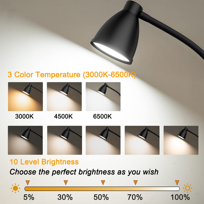 [Australia - AusPower] - BOHON Desk Lamp 3 Color Modes 10 Brightness Dimmer Reading Light 10W 38 LED Clamp Lamp with Auto Off Timer 360° Flexible Gooseneck Clip on Light for Bed Bedside, AC Adapter Include Black 