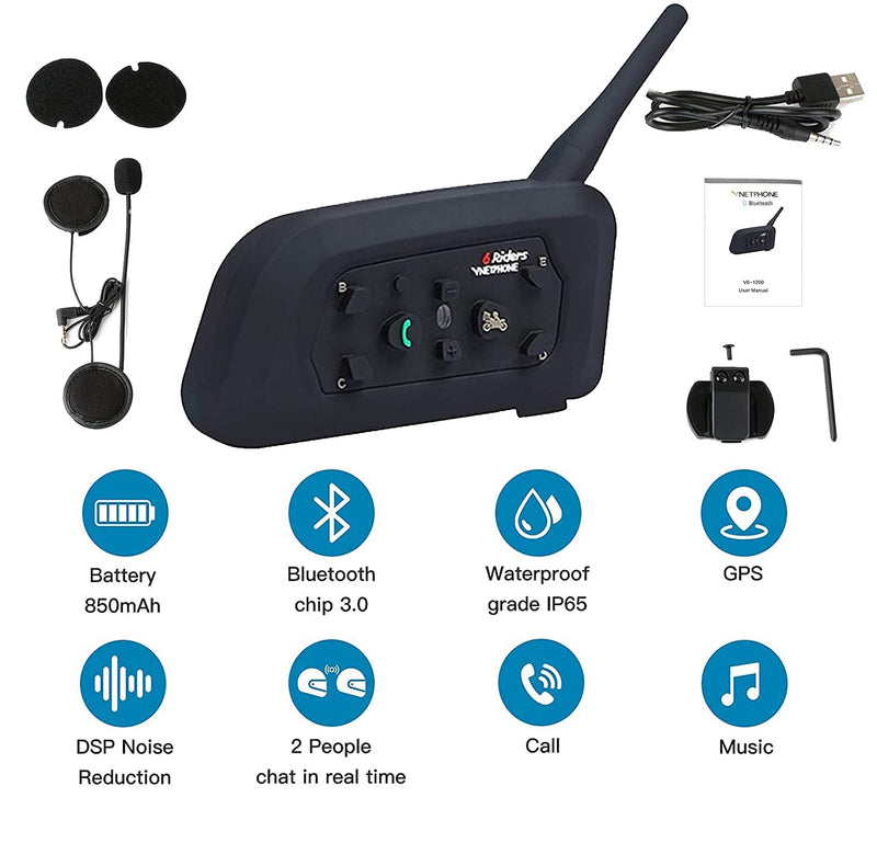 [Australia - AusPower] - EJEAS V6 Motorcycle Helmet Bluetooth Intercom, 2-Way 1200m Waterproof Full-Duplex Helmet Bluetooth Headset with Hands-Free Call, HD Voice for Ski/ATV/Dirt Bike/Snowmobile Up to 6 Riders (One Pack) V6 1PC 