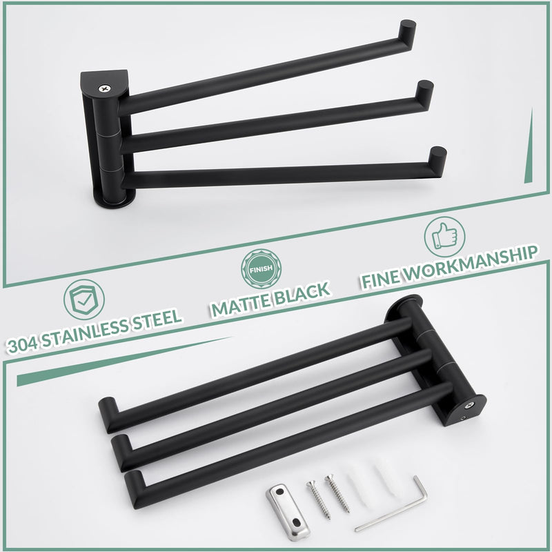 [Australia - AusPower] - APLusee Swivel Towel Rack, 304 Stainless Steel Foldable Towel Bar with Multi Three Rotating Arm, Flexible Bathroom Kitchen Towel Hanger Wall Mounted, Matte Black 