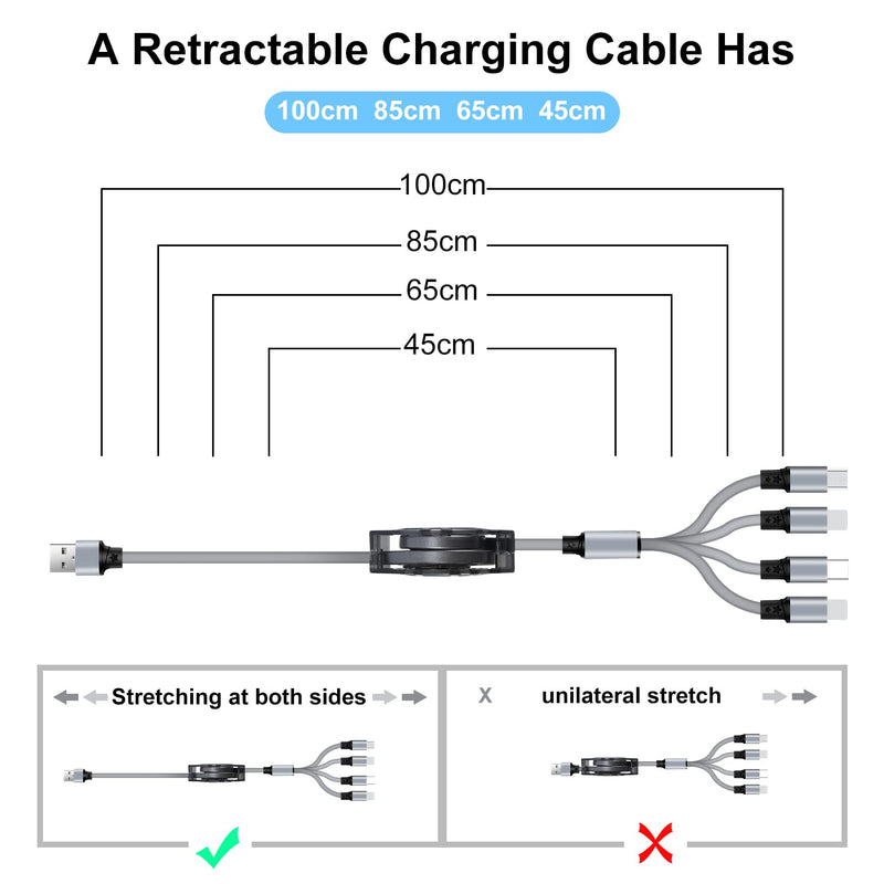 [Australia - AusPower] - SDBAUX Retractable Multi USB Charging Cable 3A 4 in1 Fast Charger Connector with Dual Phone Type C Micro USB Port Cord,Compatible Tablets Smart Phone and More 