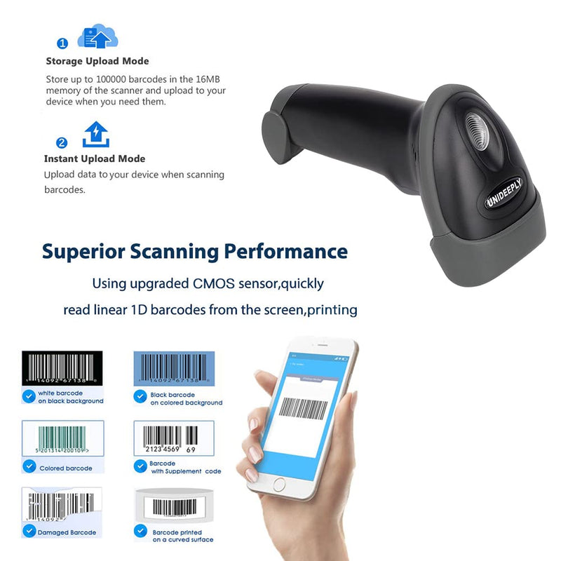 [Australia - AusPower] - 1D Laser Wireless Bar Code Scanner for Screen Payment, 328 Feet Distance UNIDEEPLY 2 in 1 (Wireless & USB Wired) Automatic Barcode Reader Handheld USB Receiver for Store, Supermarket, Warehouse 