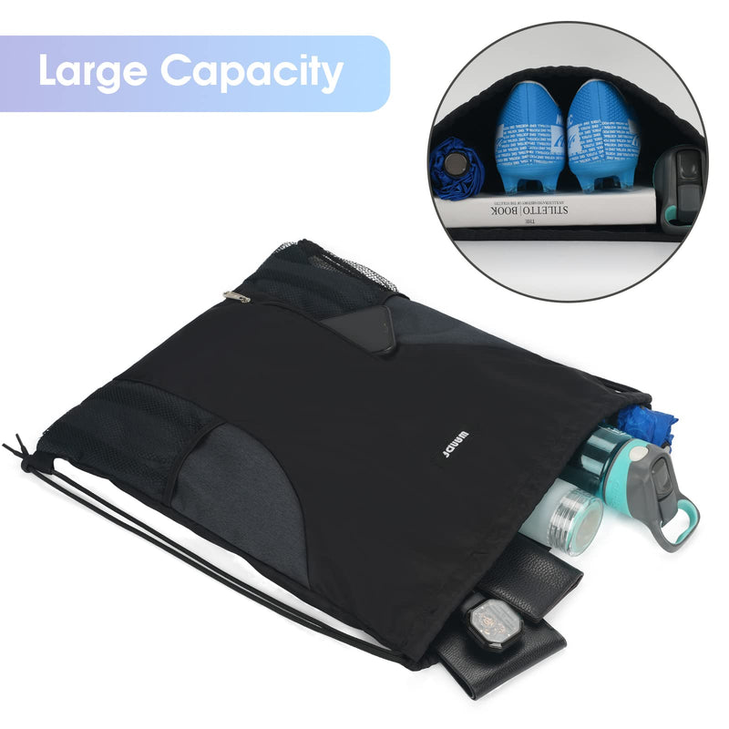 [Australia - AusPower] - WANDF Drawstring Backpack Sports Gym Sackpack with Mesh Pockets Water Resistant String Bag for Women Men Children Black 