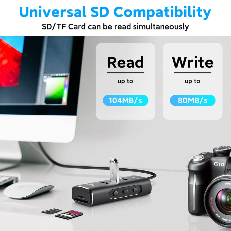[Australia - AusPower] - Rosonway 5 in 1 USB C Hub with 3 USB 3.2 10Gbps Data Ports, SD/TF Card Readers, 2ft Cable and Individual Switches, for PC, Laptops, M1 Mac Mini, iMac, MacBook Pro/Air, RSH-A104D 