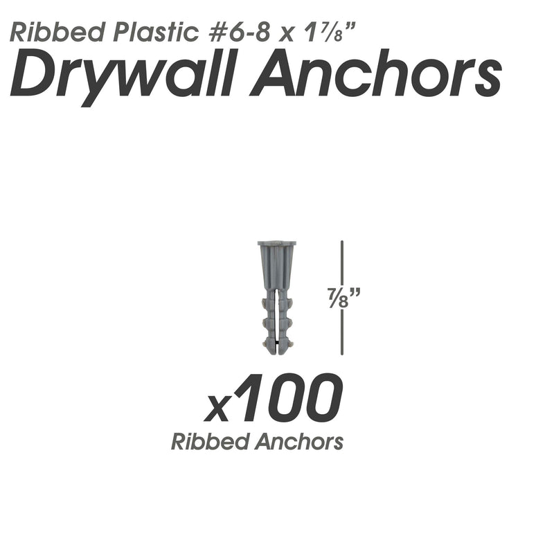 [Australia - AusPower] - Premium Quality Grey Ribbed Plastic Anchors, 100 Pack (#6-8 x 7/8") #6-8 x 7/8" 