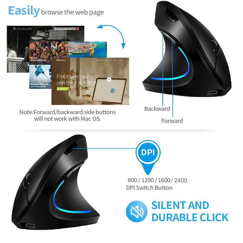 [Australia - AusPower] - Vertical Mouse, Right Handed 2.4GHz Wireless Ergonomic Rechargeable Vertical Mouse with 4 Adjustable DPI 800/1200/1600/2400, 6 Buttons,Compatible with PC, Desktop,Mac (Black)… Black 